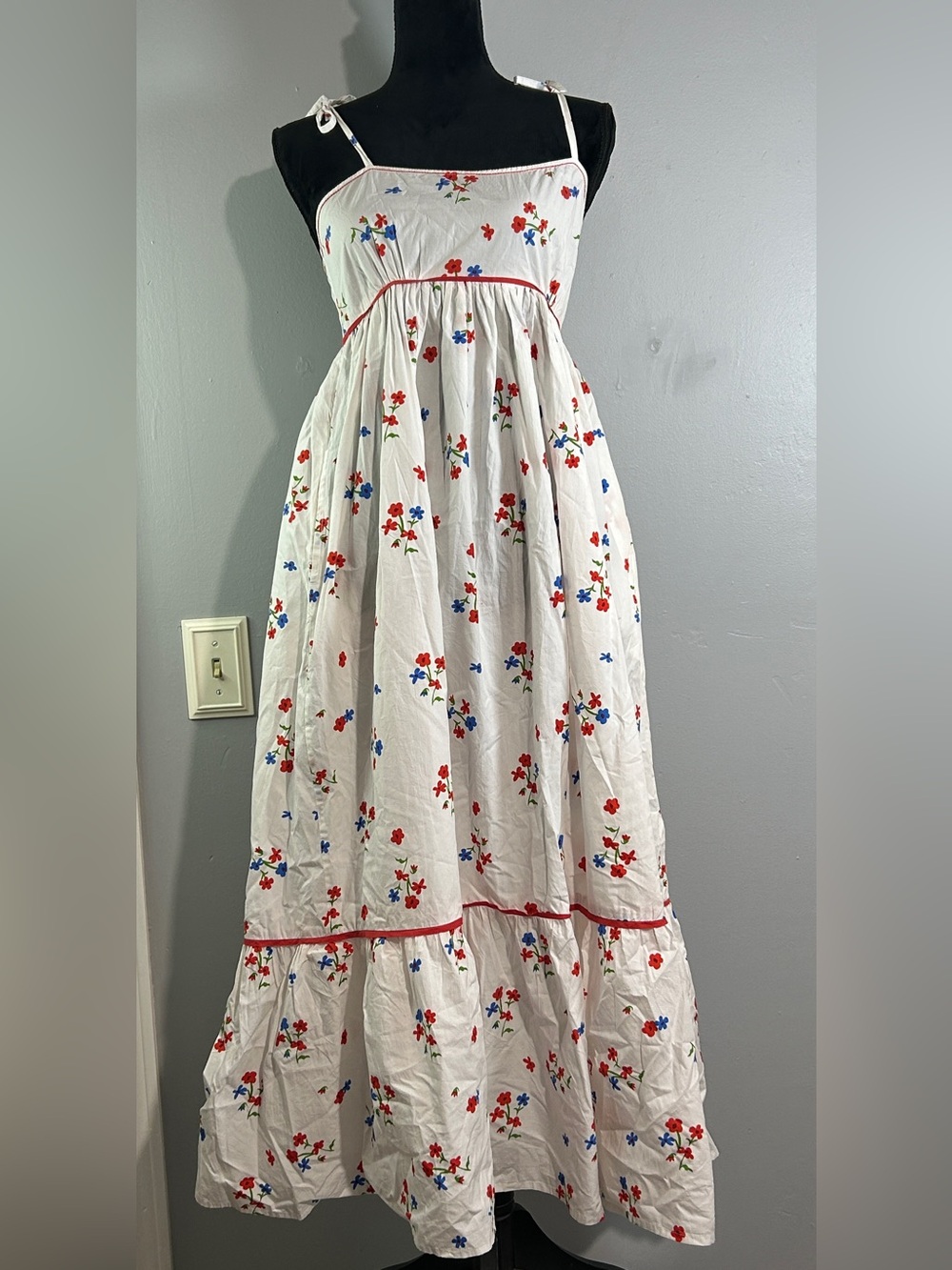 Olivia James Small Maxi Dress Tie Shoulder Empire Waist European Summer Cottage